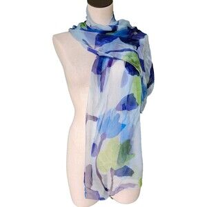 Vintage Made in France Sheer 100% Silk Chiffon Blue Watercolor Floral Rectangle